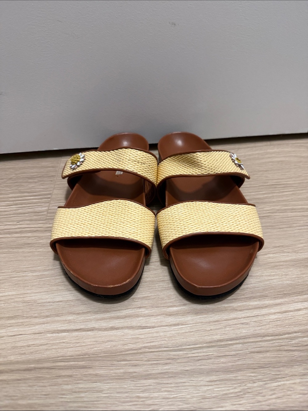 Women’s Cream Double-Strap Slide Sandals with Brown Footbed